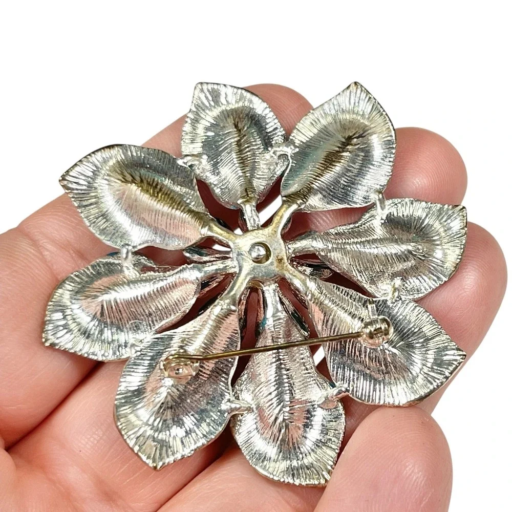 Teal Blue Flower Brooch Enamel Rhinestone Silver Tone Petal Cottagecore Retro
